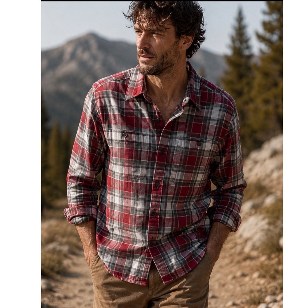 Patagonia LONG SLEEVE PIMA Cotton Plaid Shirt MEN S Red Organic Cotton 53837